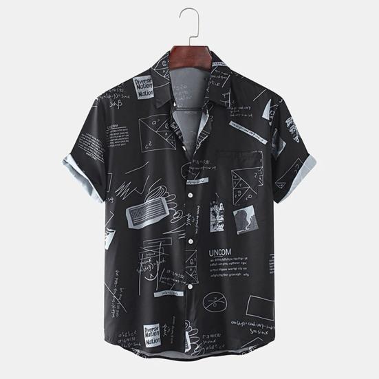 Beach Shirt Graffiti Print Short Sleeve Men Single-breasted Lapel Hawaiian Shirt Beachwear
