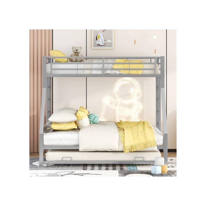 Lit Superposé, Lit En Métal Facile À Assembler Avec Lit Escamotable, 90(140)x200 Cm, Couleur Argentée