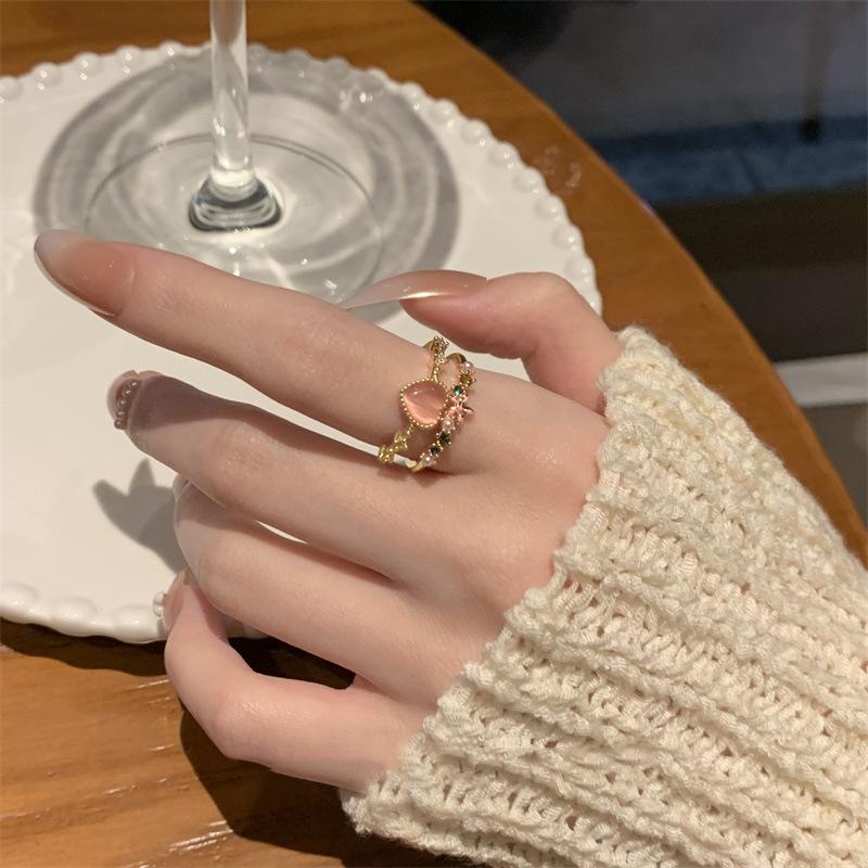 

Pink Love Zirconia Open Ring Female Teenage Girl Department Niche Premium Sense Stackable Pair Ring Adjustable Finger Ring Everyday Dainty Ring