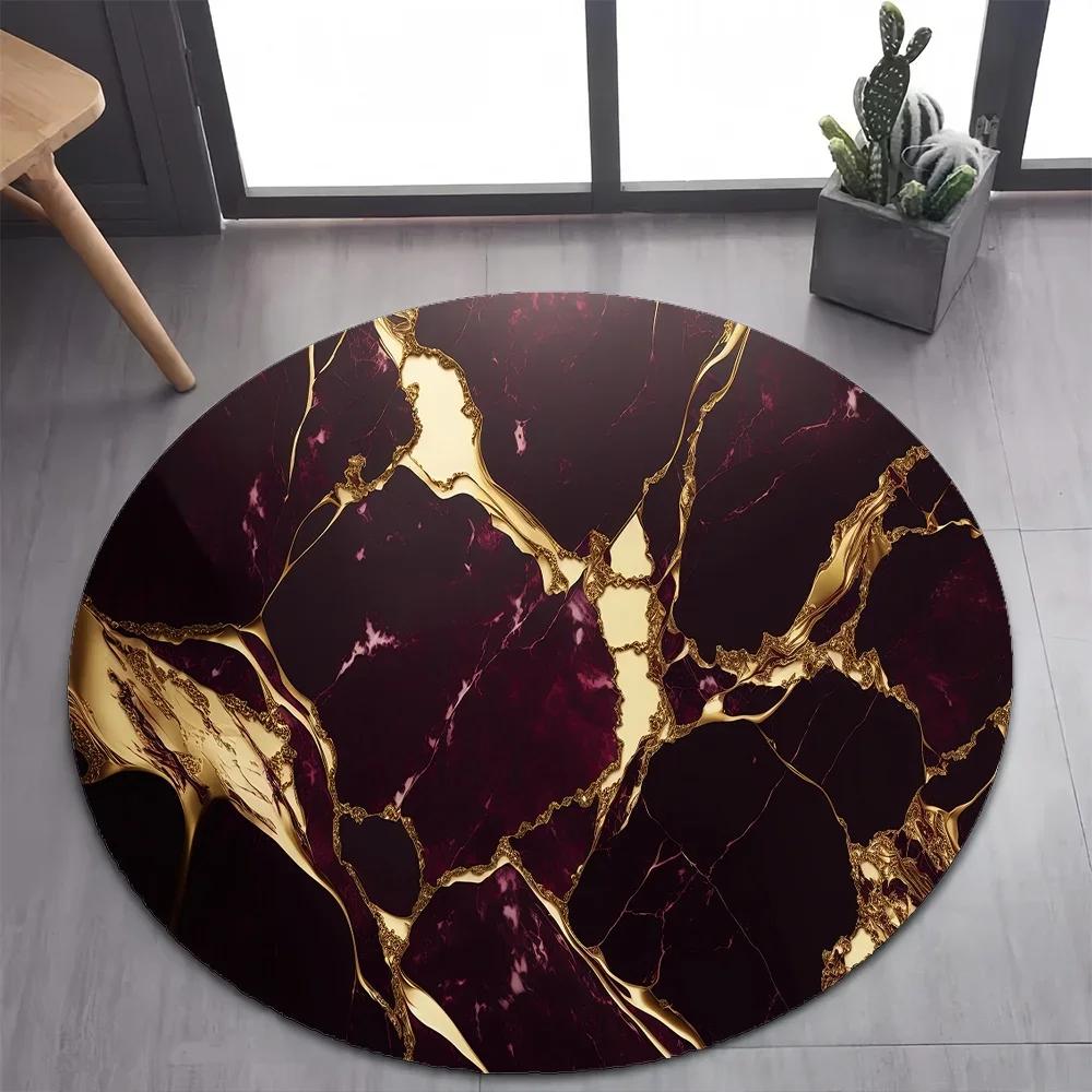 White Gold Marble Round Area Rug –Elegant Carpet for Bedroom or Living Room – Non-Slip Floor Mat, Pet-Friendly Modern Home Decor