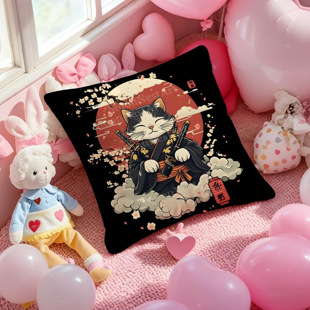 Japanese Style Samurai Cat Cushion Cover Pattern Printed Pillowcase for Living Room Sofa Cushion Cover & Bedroom Decor