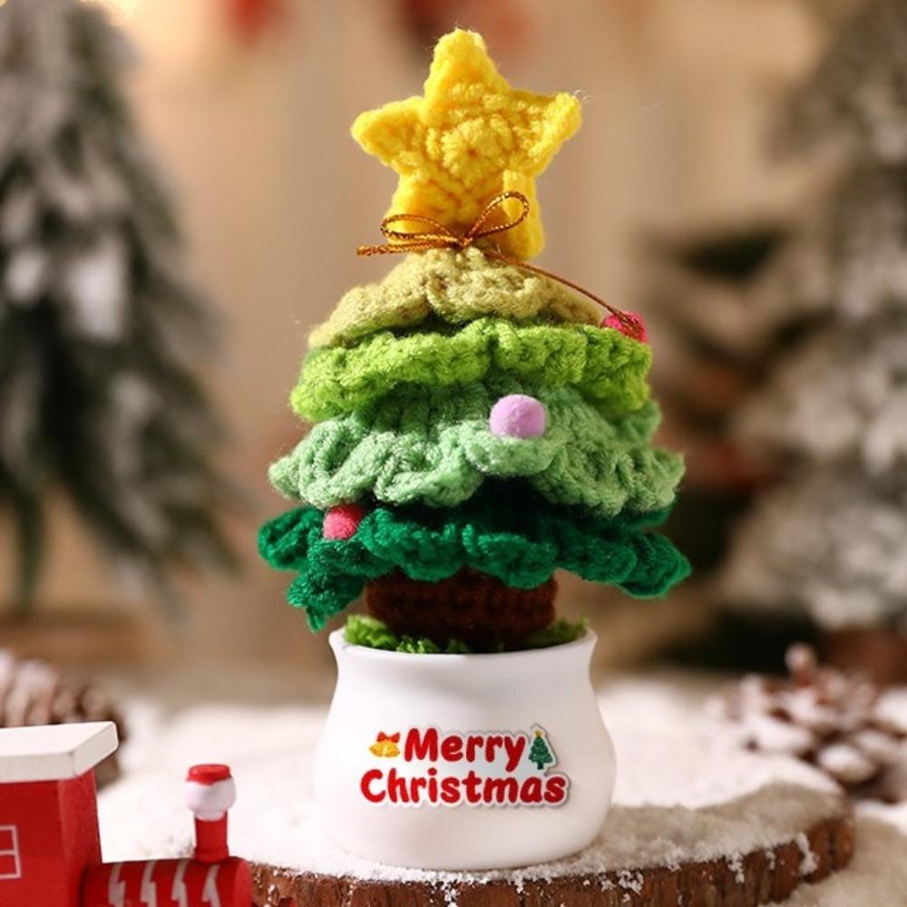 Mini Hand Woven Christmas Tree Crochet Tree Figurines Christmas Tree Decor Finished Tabletop Ornament Christmas Tree Potted