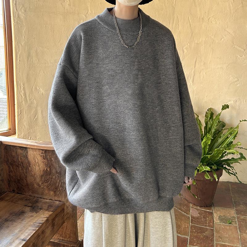 Men's Trendy Loose Round Neck Sweater - Spring/Autumn Solid Color Knitwear, Hong Kong Style Casual Outerwear