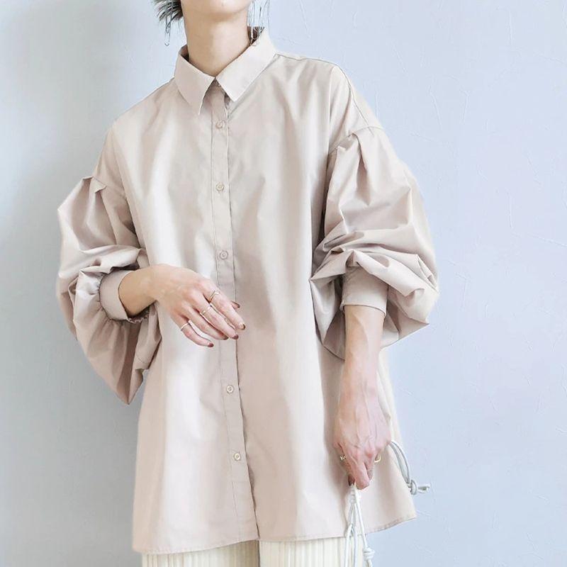 

Early Spring New Arrival Lantern Sleeve Shirt Women s Clothing Niche Style Fancy Pure Color All-Matching Loose Slim Looking Top Shirt In Stock Apricot L