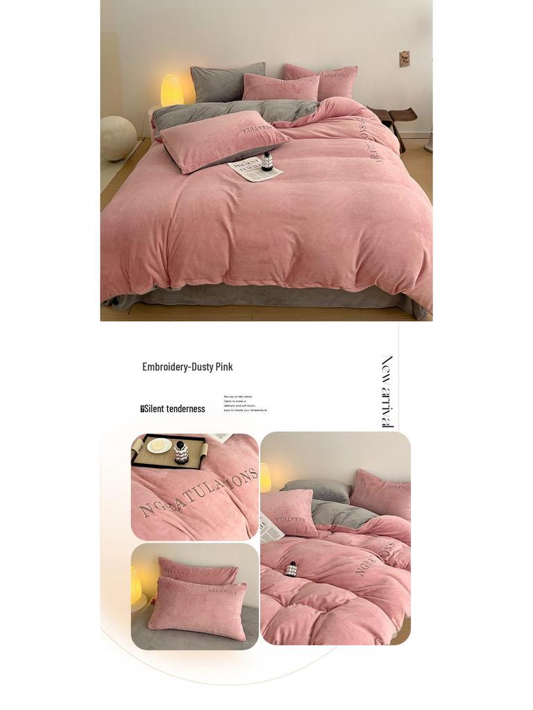 Čtyřdílná postelová sada z těžkého sametu: Dvoubarevné prošívání, plyšový a hřejivý povlak na přikrývku s prostěradly šetrnými k pokožce