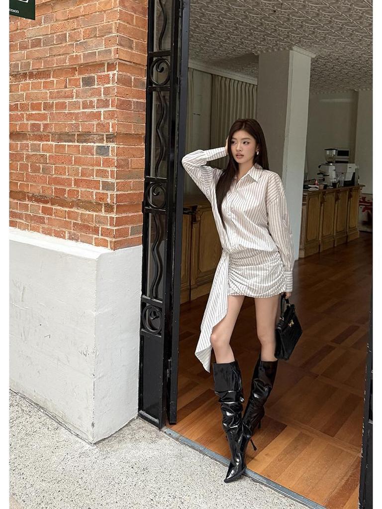 2026 Spring/Summer Women's Striped Shirt Dress – Casual Fashionable Bodycon Design