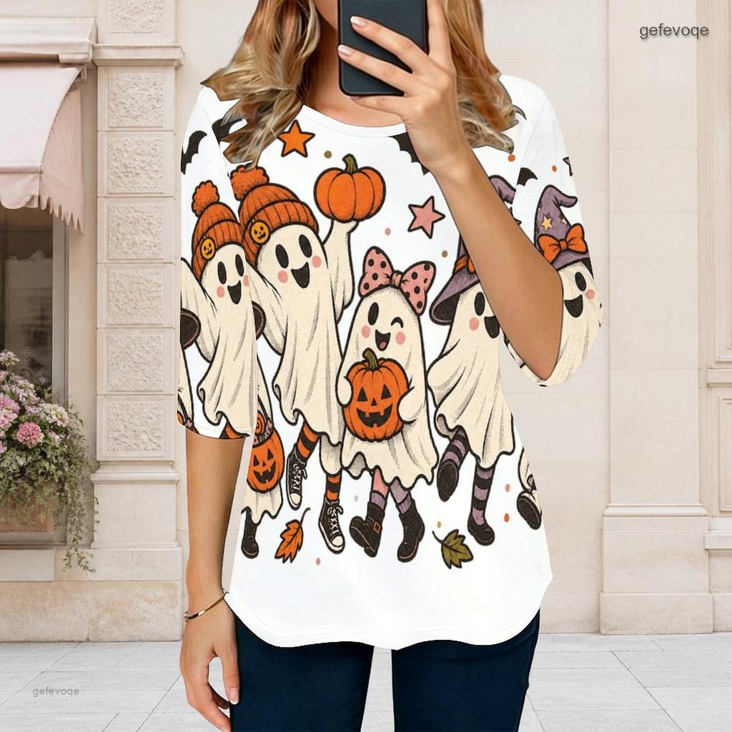 Women Plus Size Round Neck 3 4 Sleeve T Shirt Cartoon Tiger Printed Curved Hem With Pockets