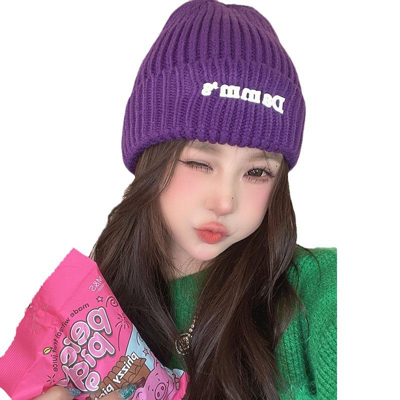 New Autumn and Winter Letter Offset Printing Wool Hat for Women Warm Ear Protection Knitted Hat Korean Style Pullover Hat Cold Hat Trendy