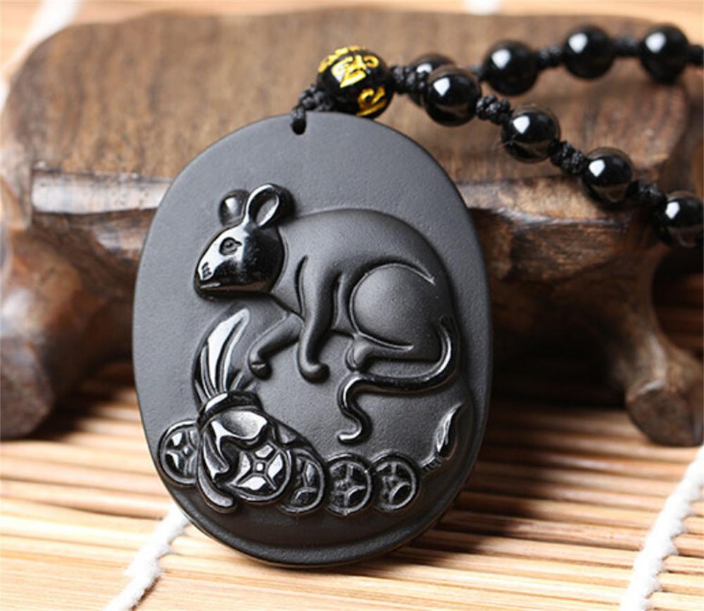Naturalny Czarny Obsydian Rzeźbiony Chiński Starożytny Dwanaście Zwierząt Zodiaku Szczęśliwy Amulet Wisiorek Koraliki Naszyjnik Modny Prezent Biżuteria