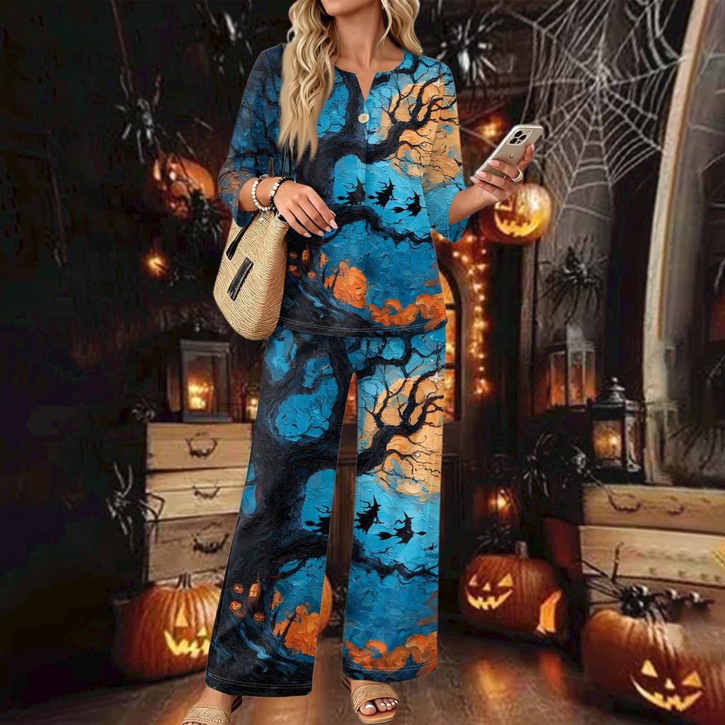 Women's Casual Printed 3/4 Sleeve Button Down Top and Wide Leg Pants 2 Piece Set