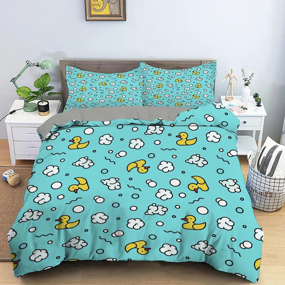 Carton Yelow Duck King Quen Soft Duvet Cover Farm Lovely Animal Beding Set Blue Buble Comfortable Quilt Cover Soft Polyester Warm Comforter Cover