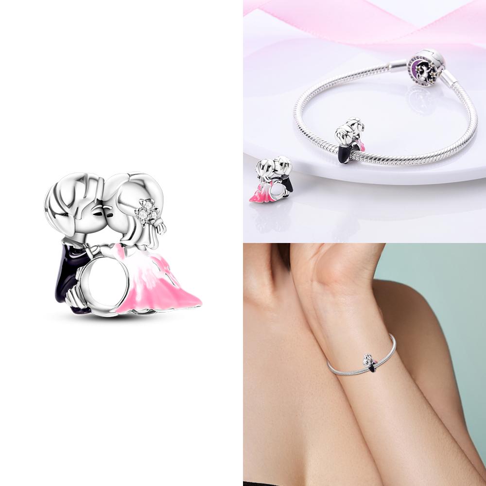 Rose Gold Pink Zircon Love Heart Beads Fit Bracelet Charms Copper Original Jewelry Women Diy Accessories