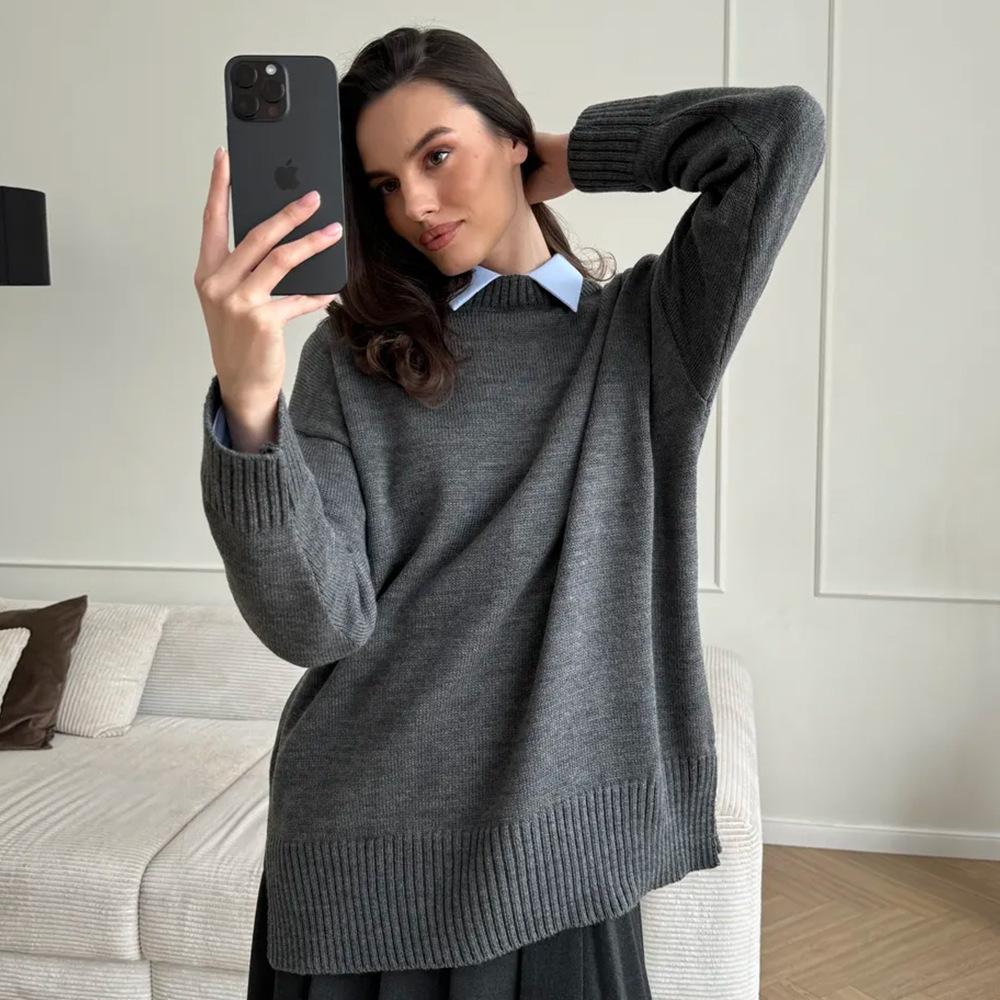 Crew neck pullover sweater, European & American 2025 autumn/winter slit solid color knit sweater, versatile warm casual sweater for women