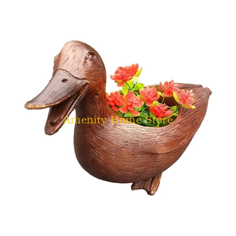 F26C Cute Duck Flower Pots Garden Statue Garden Sculpture Animal Succulents Planter Cute Duck Planter Garden Outdoor Decors