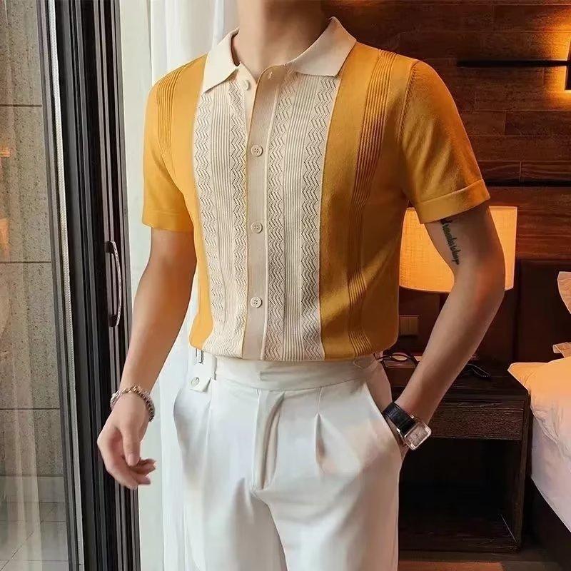 

Summer Men s Knitted Short-Sleeve Polo Shirt Korean Style Slim Fit Pure Color Ice Silk Casual Polo Collar Half Sleeve T-shirt Bottoming Shirt 3XL жовтий