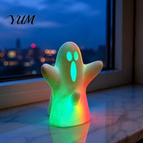 Cute Ghost Statue with Lights Halloween Decorative Light, Spooky LED Table Lamp Ornament, Funny Desktop Decoration Colorful Gradient Light Sculpture