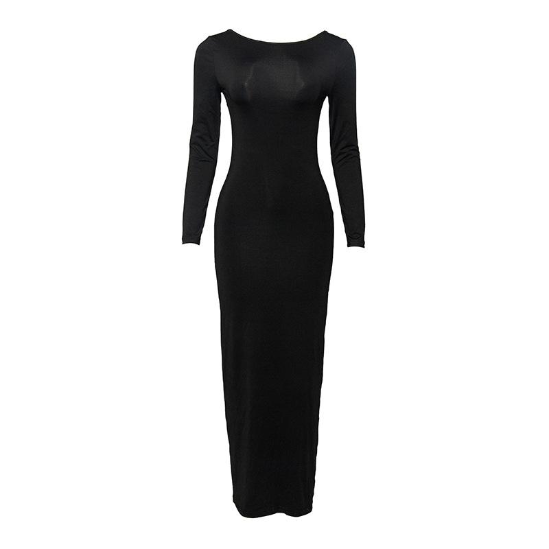WDS European and American Autumn New Solid Color Pullover Halter Long Sleeve Slim Sexy High Waist Long Dress
