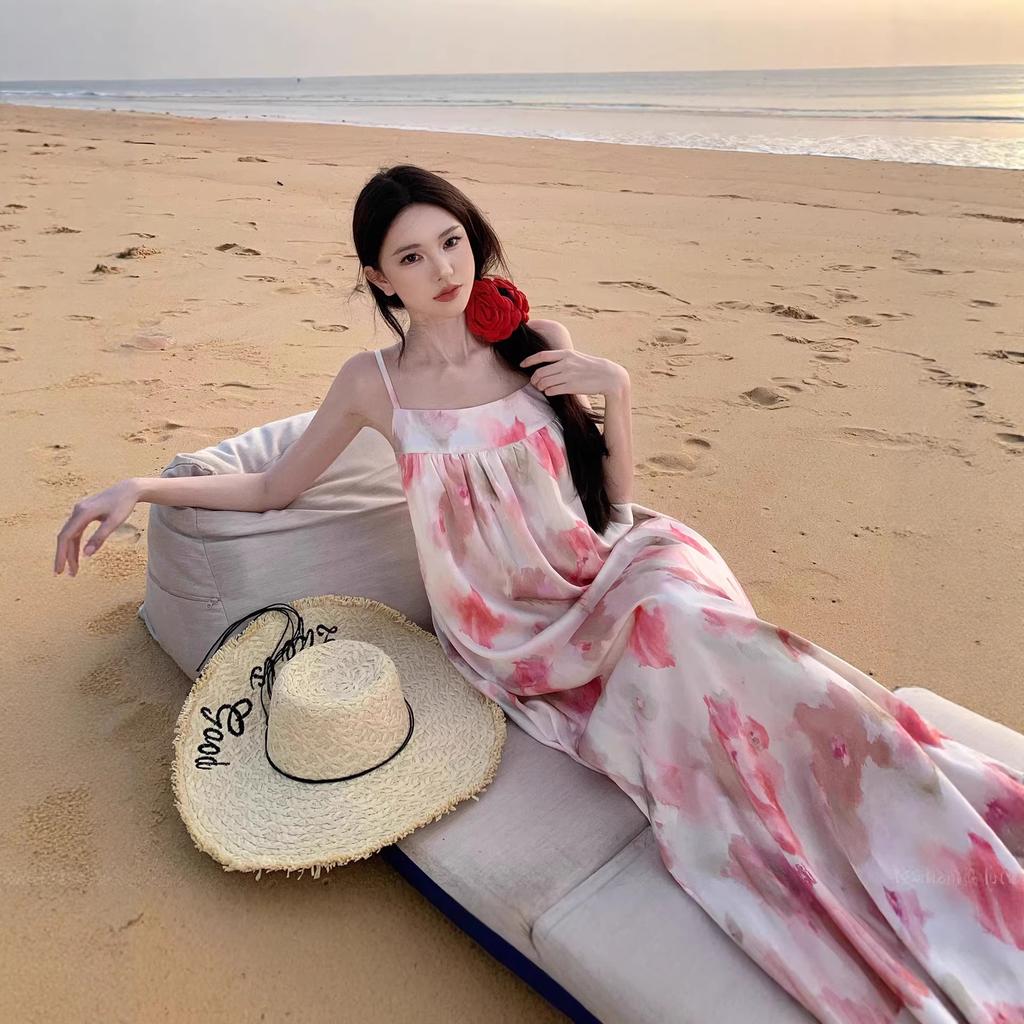 Art Raw Oil Painting Color Plate Gentle Wind Floral Suspender Dress Women's Summer Backless Design Vacation Temperament Long Dress