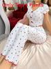 Romantic Heart Print Pajama Set For Women With Breathable Polyester Fabric For Casual Sleepwear And Lounging