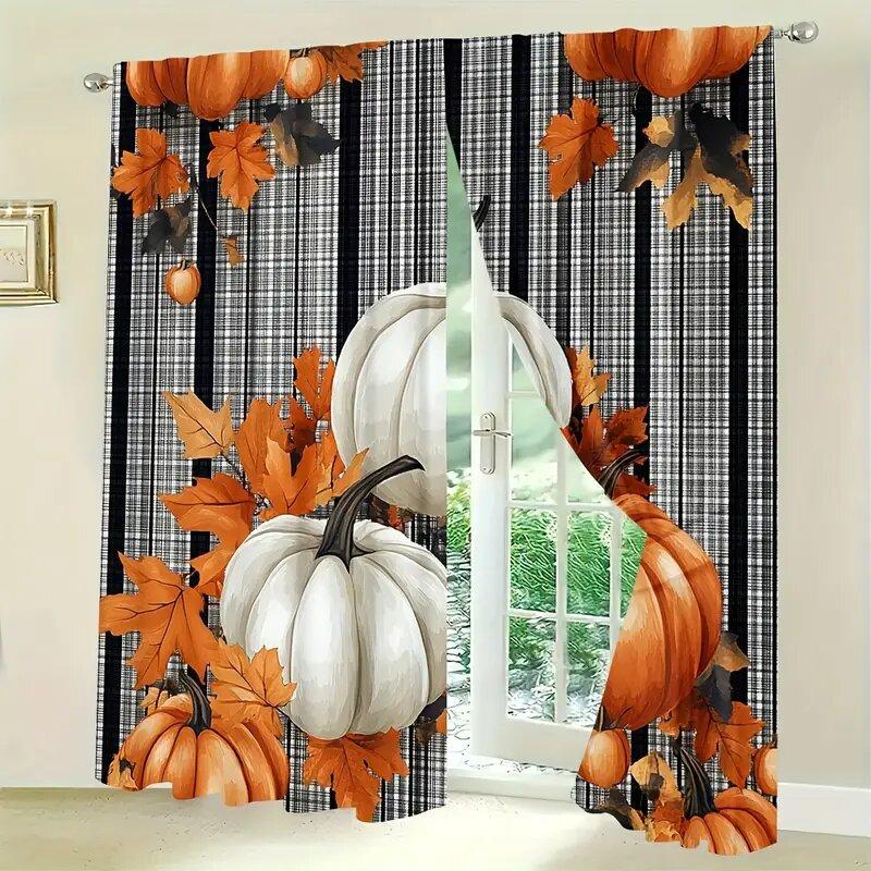 Farmhouse Autumn Pumpkin Pattern Printed Curtains Window Decorations Home Room Set Of 2 Made Polyester