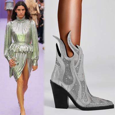 2024 Nové dámské kotníkové boty Boční zip Boty na jeviště Sexy Čtvercová špička Silný podpatek Vodní diamant Plamen 2024 Boty velkých velikostí