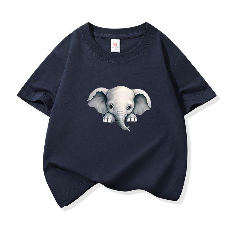 Kids Cotton T Shirt Cute Peeking Little Elephant Print Crew Neck Short Sleeve Tee Casual Breathable Boys Girls Summer Tops