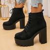 Black Thick High Heels Ankle Boots Women  Plus Size 42 Lace Up Short Booties  Vintage Chunky Platform Flock Boots Woman