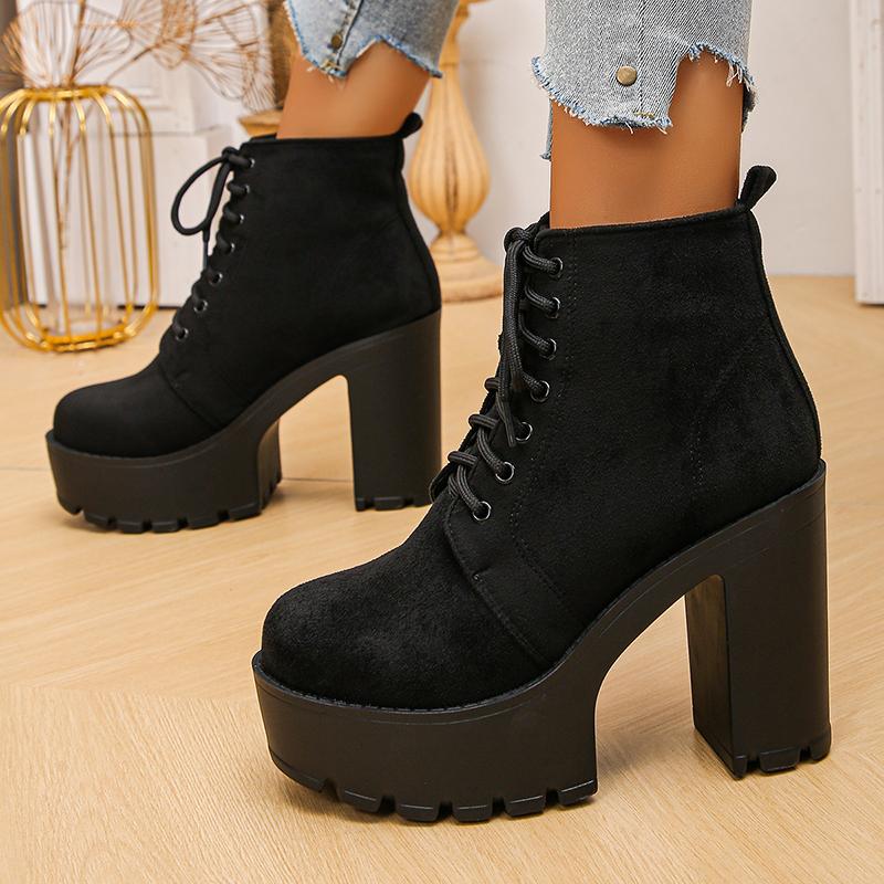 Black Thick High Heels Ankle Boots Women Plus Size 42 Lace Up Short Booties Vintage Chunky Platform Flock Boots Woman