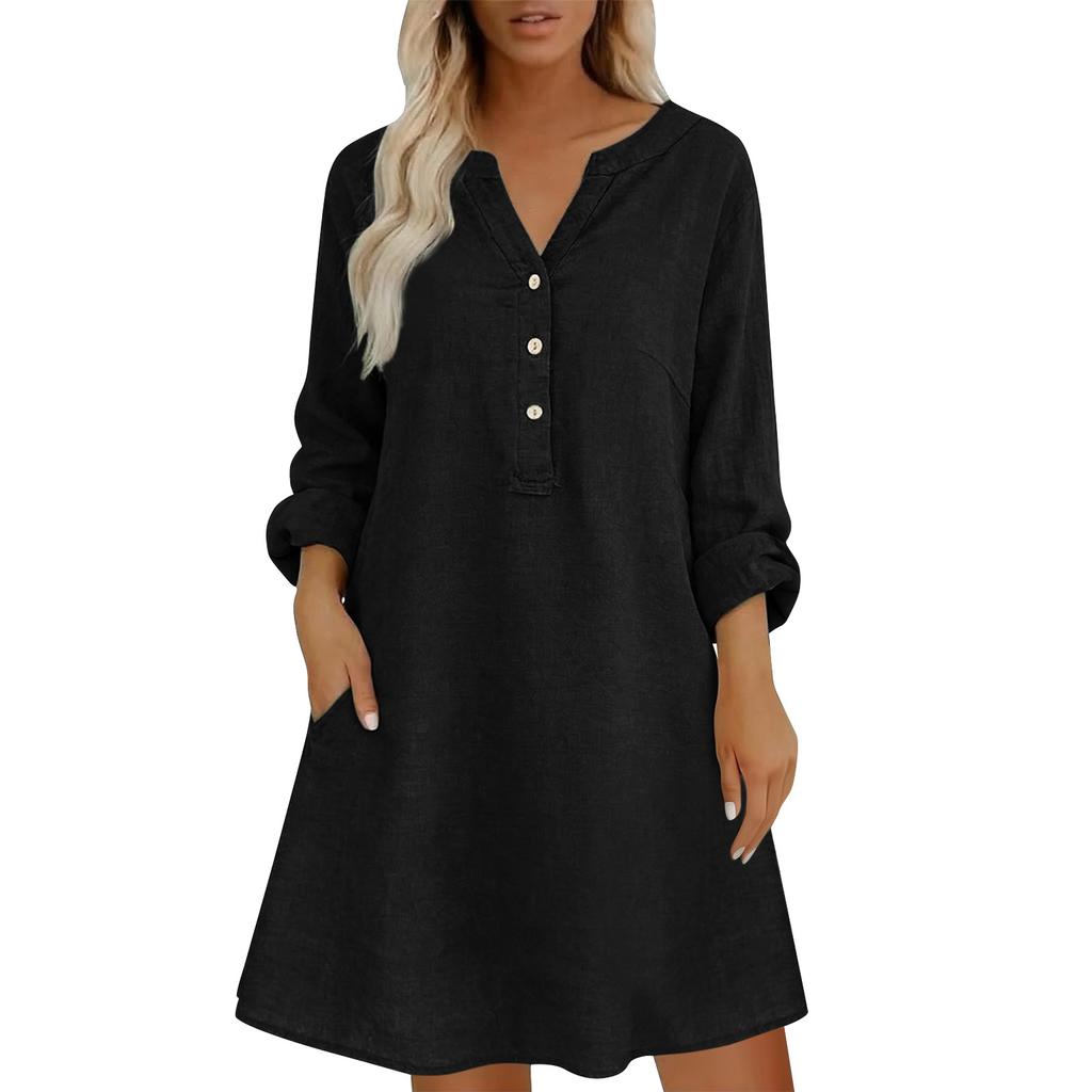 Women Loose Fit Stand Collar Button Down Linen Cotton Dress Long Sleeve Casual Tunic Shirt Dress with Pockets for Everyday Wear