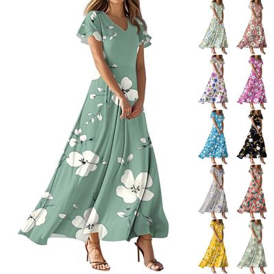 Damen Sommermode Blumendruck Freizeitkleider V-Ausschnitt Kurzarmkleider