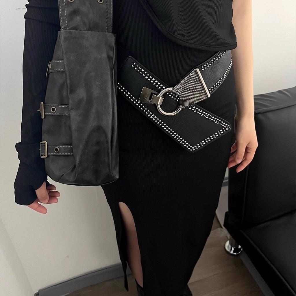 Fashion Decoration Rivet Women Casual Solid Color Elastic Waistband Wide