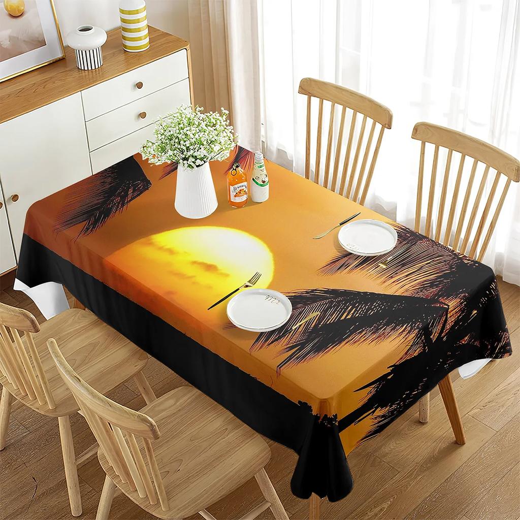 Coconut Tree Beach Sunset Print Tablecloth,Washable Table Cloth, Durable Tablecloth Square Rectangle for Dinner Party Decoration