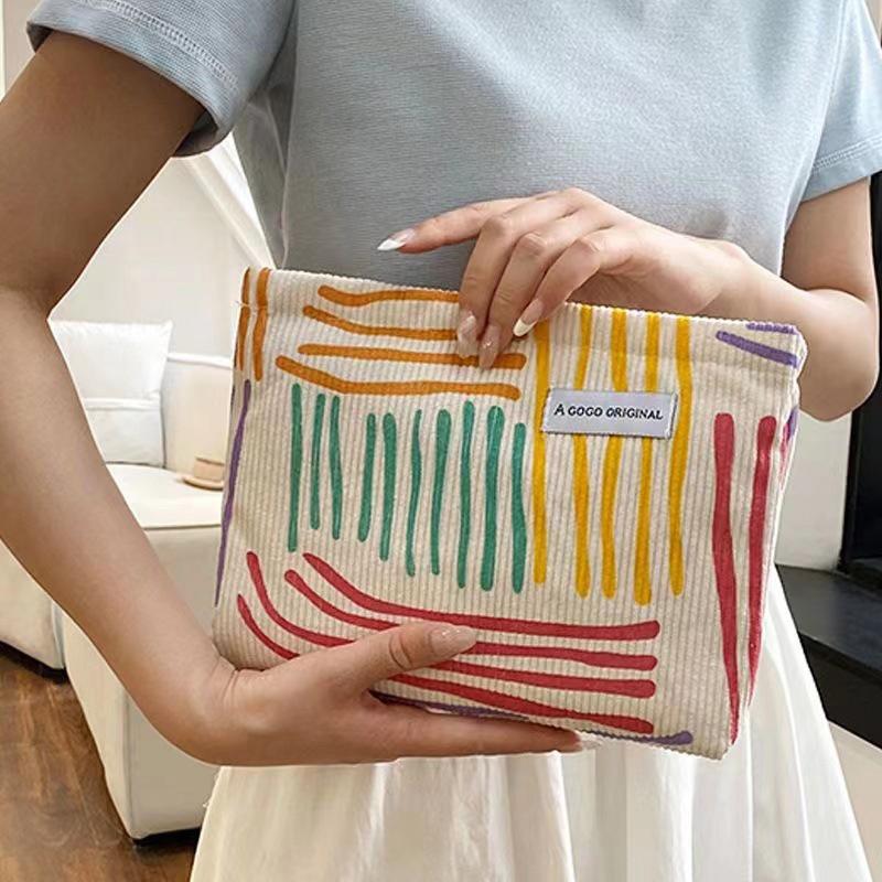 Colorful Stripes Corduroy Cosmetic Bag Portable Travel Toiletry Bag Skincare Sundries Aesthetic Makeup Storage