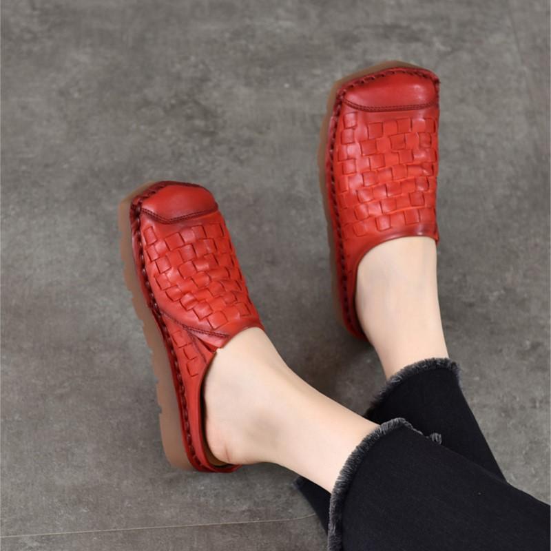 Johnature Genuine Leather Retro Weaving Square Toe Women's Slippers Versatile Outerdoor Flat Slip-on Shoes