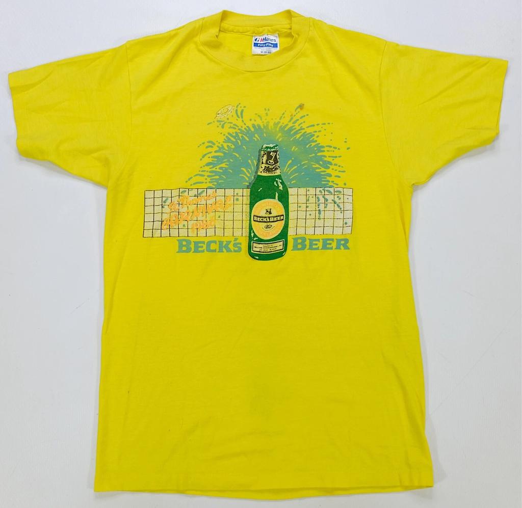 Seltenes VTG Beck's Bier 1986 Single Stitch T-Shirt 80er Jahre Deutsche Brauerei Gelb Gr. M