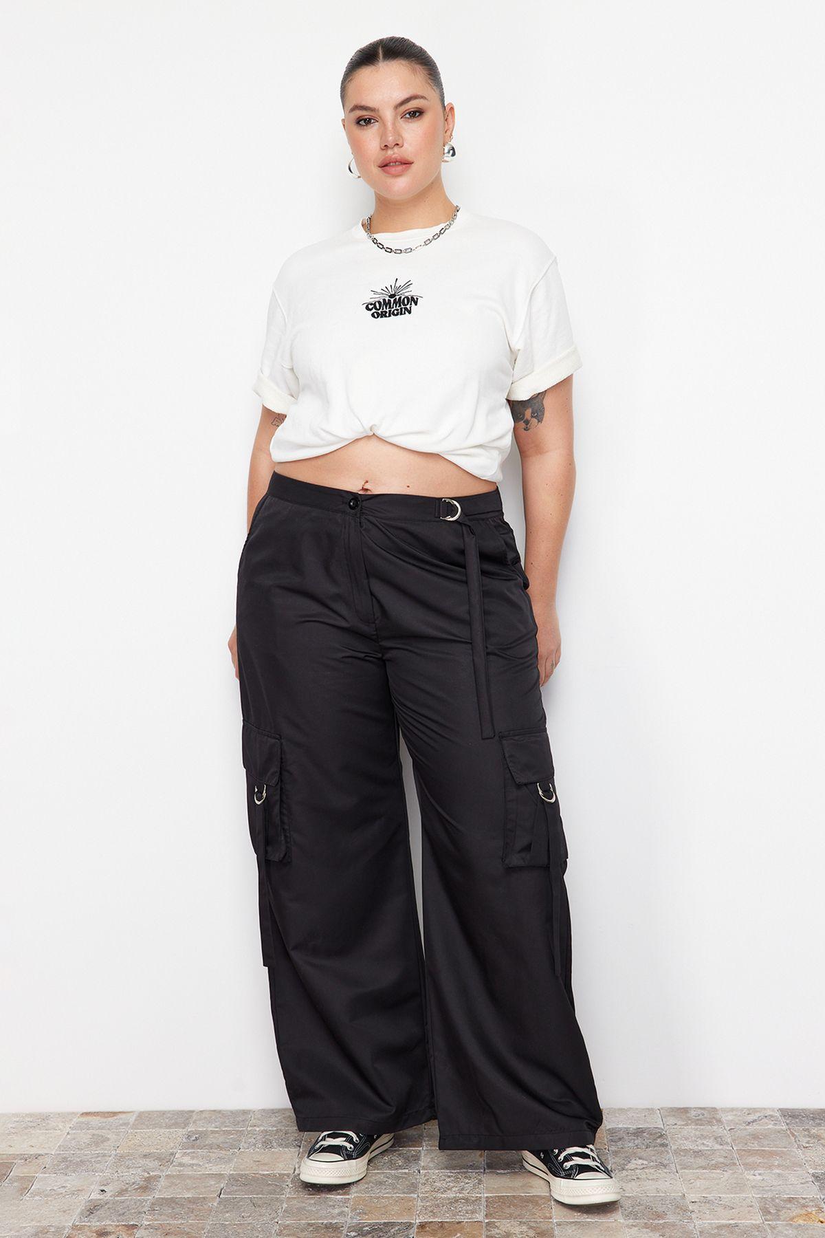 

Women s Style Plus Size Black Wide Leg Parachute Woven Trousers L