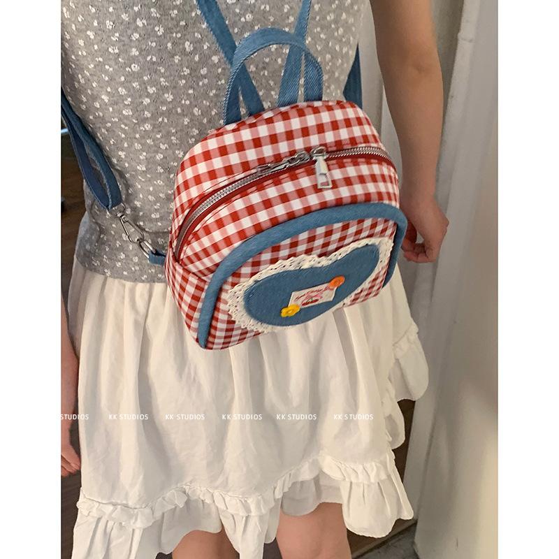 Casual Plaid Canvas Bag Women's 2025 New Fashion Preppy Backpack Cartoon Girly Cute Backpack