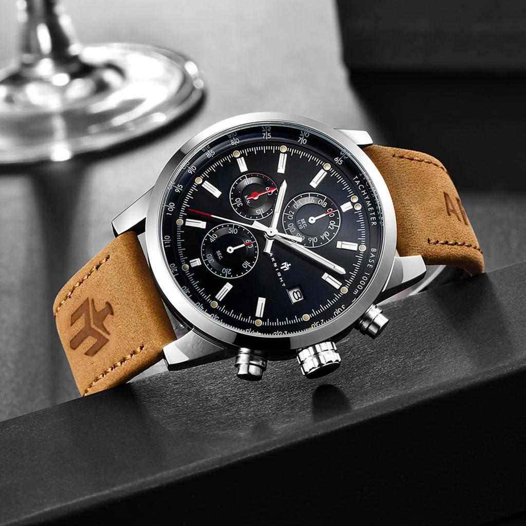 AKNIGHT Watch Genuine Leather Crystal Luminous Date Japanese Instruction Manual Men's - Stylish, Popular, Quartz, Strap, Chronograph, Display,