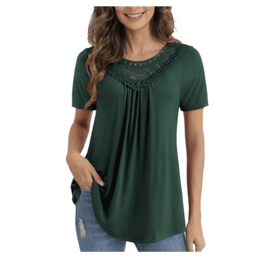 Short Sleeve Lace Hallow Out Patchwork Pleated A Line Casual T Shirt for Summer Women Plus Size Top