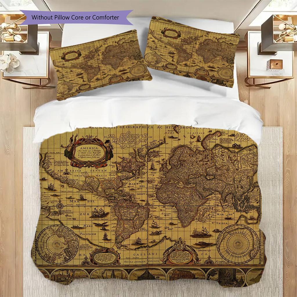 Vintage Maritime Adventure Map Three-piece set (1 * duvet cover + 2 * pillowcase, without core) 2D Flat Duvet cover and pillowcase