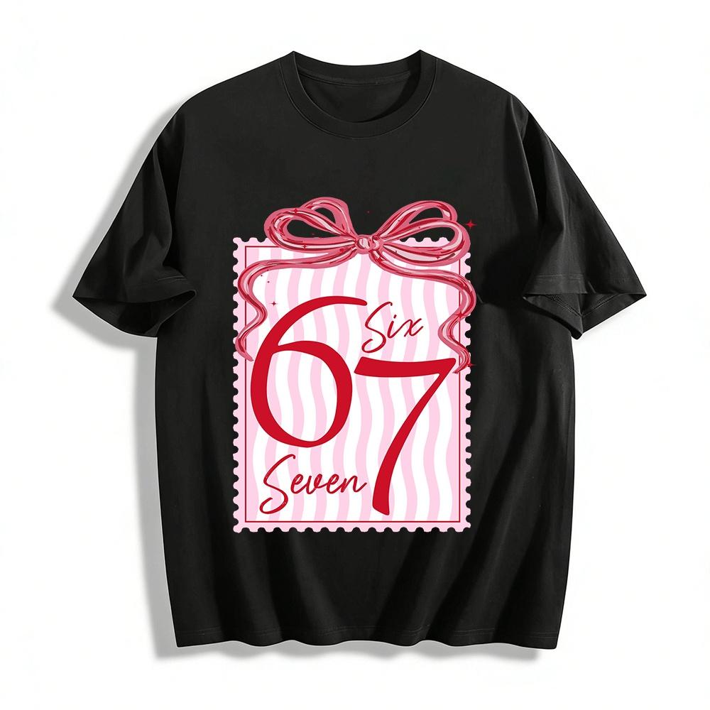 Sweet Style Number 67 Print Bow Decor Casual T-shirt Pure cotton T-shirt XXS