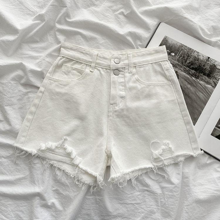 Klassische und minimalistische Mode Vielseitige High-Waist Destroyed Löcher Damen Sommer Locker Dünn Weitbeinige Son Denim Shorts Individualität Trendigkeit