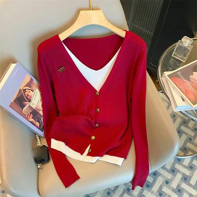 Strickjacke mit Kontrastnähten im Fake-Zweiteiler-Look für Herbst und Winter, Damen, locker und vielseitig, figurbetontes Langarm-Oberteil