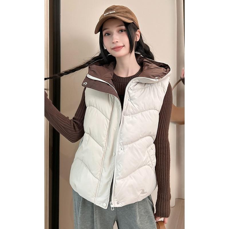 Down Cotton Vest Women's Autumn and Winter New Korean Style Loose Solid Color Vest Hooded Jacket