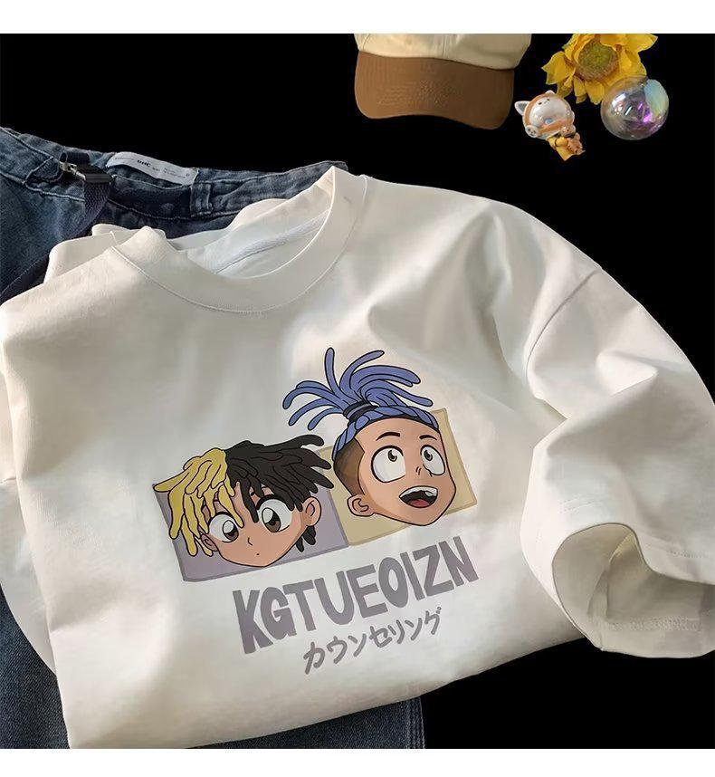 Cartoon Print Oversized Heavyweight Cotton T-Shirt - Summer Loose Fit Short Sleeve