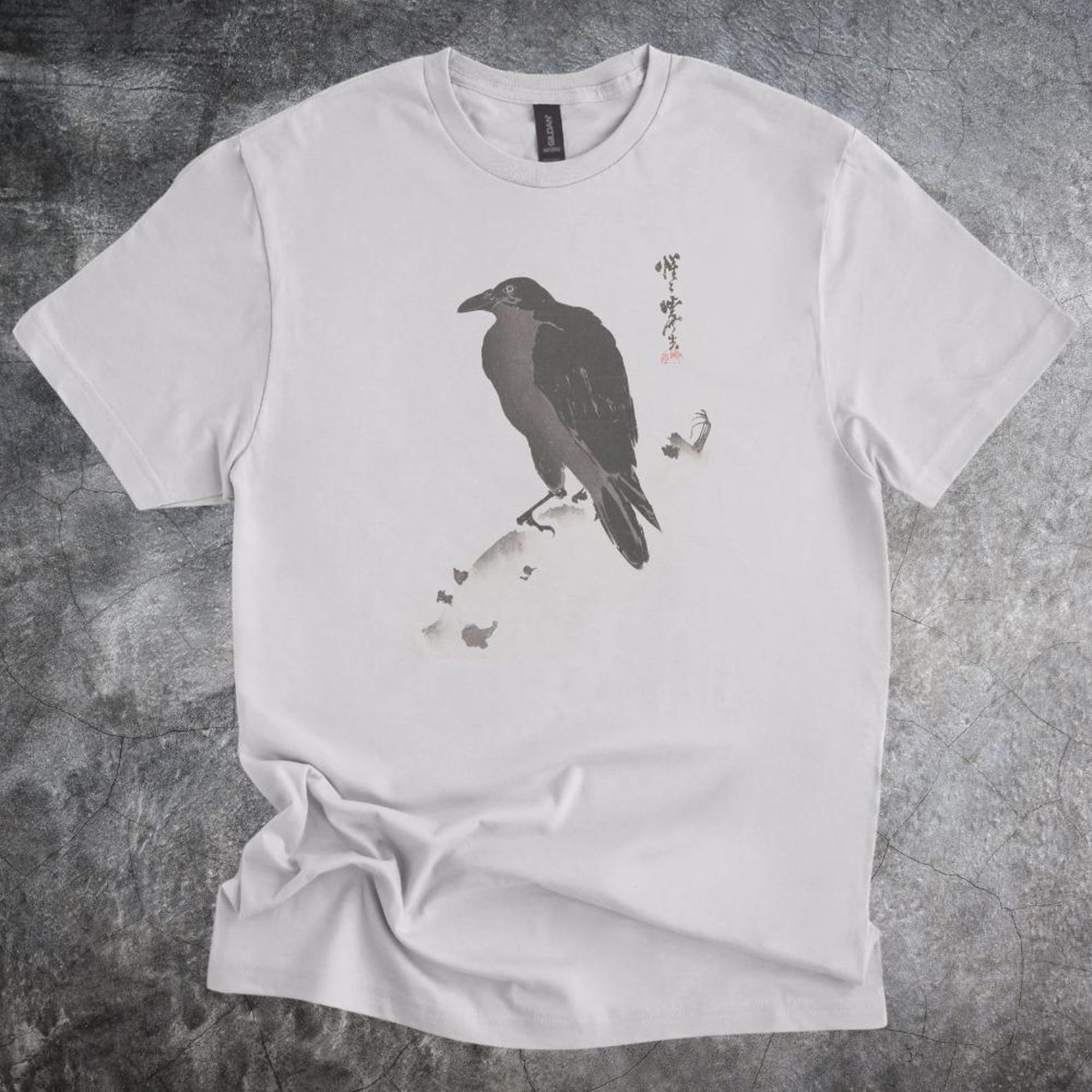Crow Art Japanese Style Bird Illustration Tshirt With Minimal Brush Stroke Design gray 150