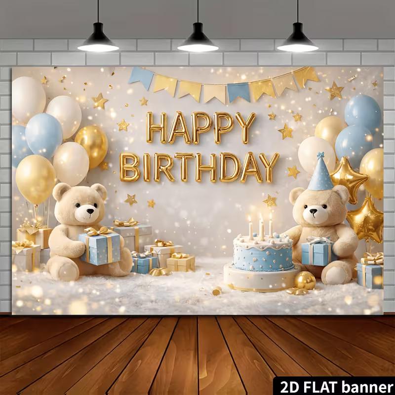 2D Baby Shower Teddy Bear Birthday Backdrop Blue & Gold Photography Prop