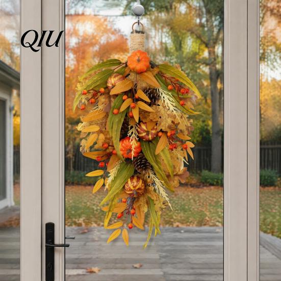 Decorative Fall Home Accessories Artificial Teardrop Swag, Faux Pumpkins Berries Pinecones Leaves Door Lifelike Pinecone Berry Garland Autumn Harvest