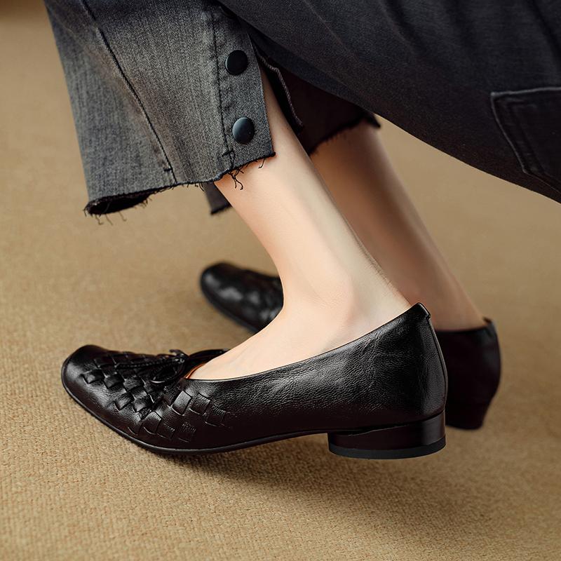 Fashion 2025 New Spring Women Pumps Genuine Leather Shoes for Women Fashion Shallow Butterfly-knot Square Toe Women Ladies Shoes