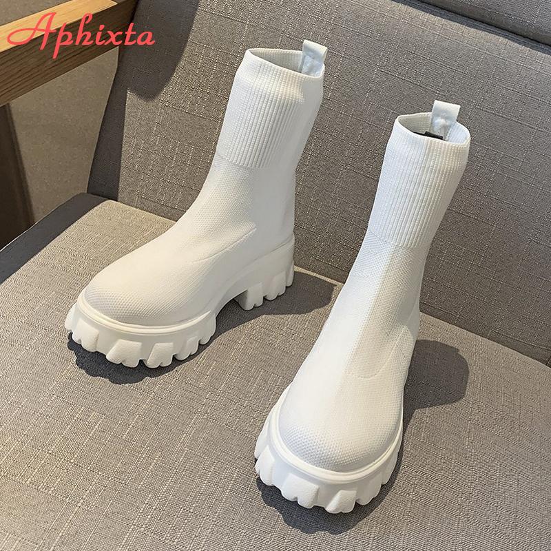 Aphixta Autumn New Stretch Fabric Socks Shoes Woman Casual Platform Boots Net Red Knitted Short Boots Women Plus Size Booties